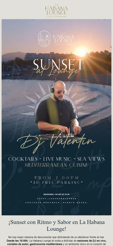 Correo de La Habana Lounge: Sunset con ritmo y sabor, en móvil