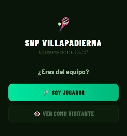 Pantalla de acceso de la app de pádel SNP Villapadierna